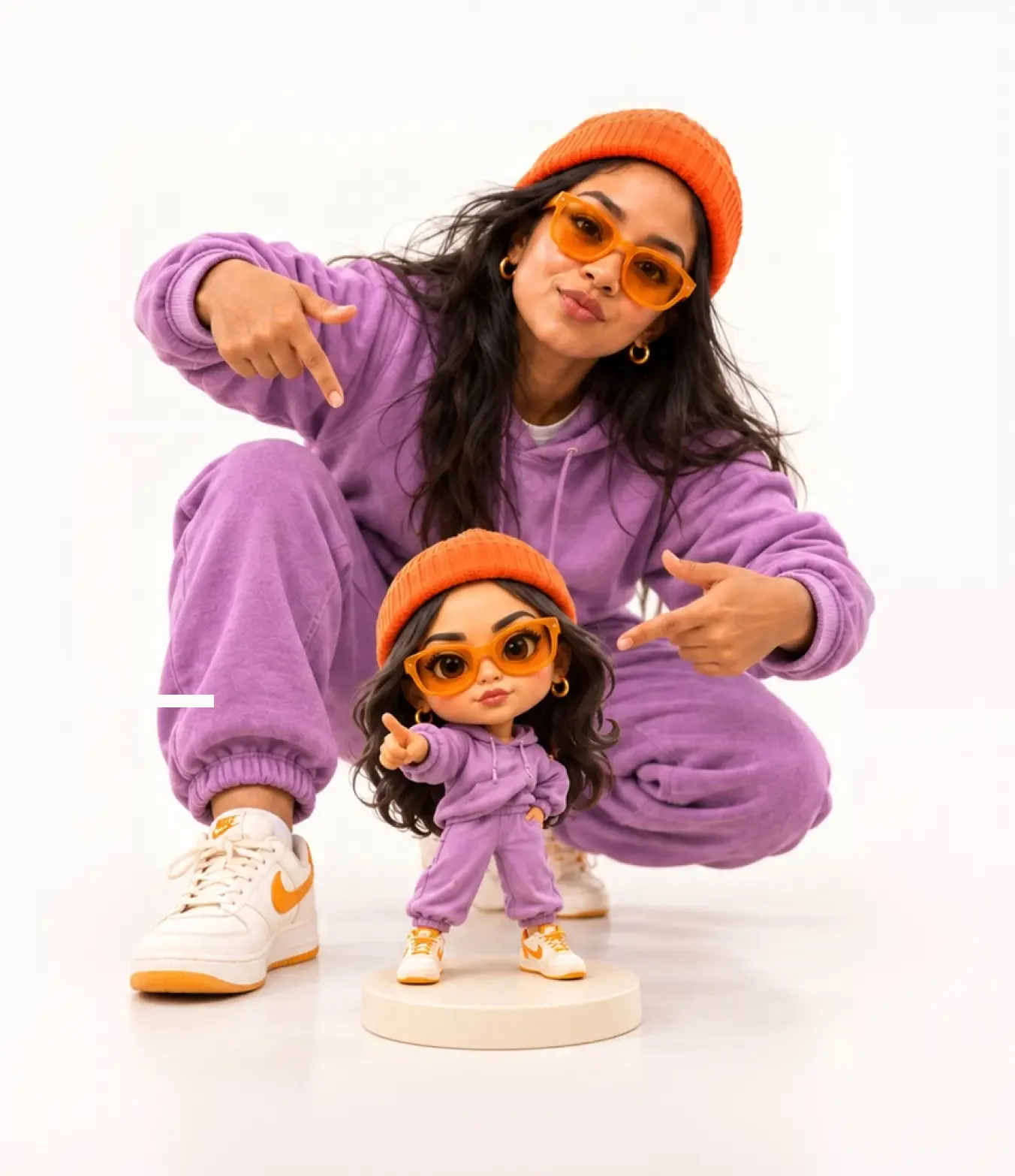 A person crouching next to their finished chibi figure